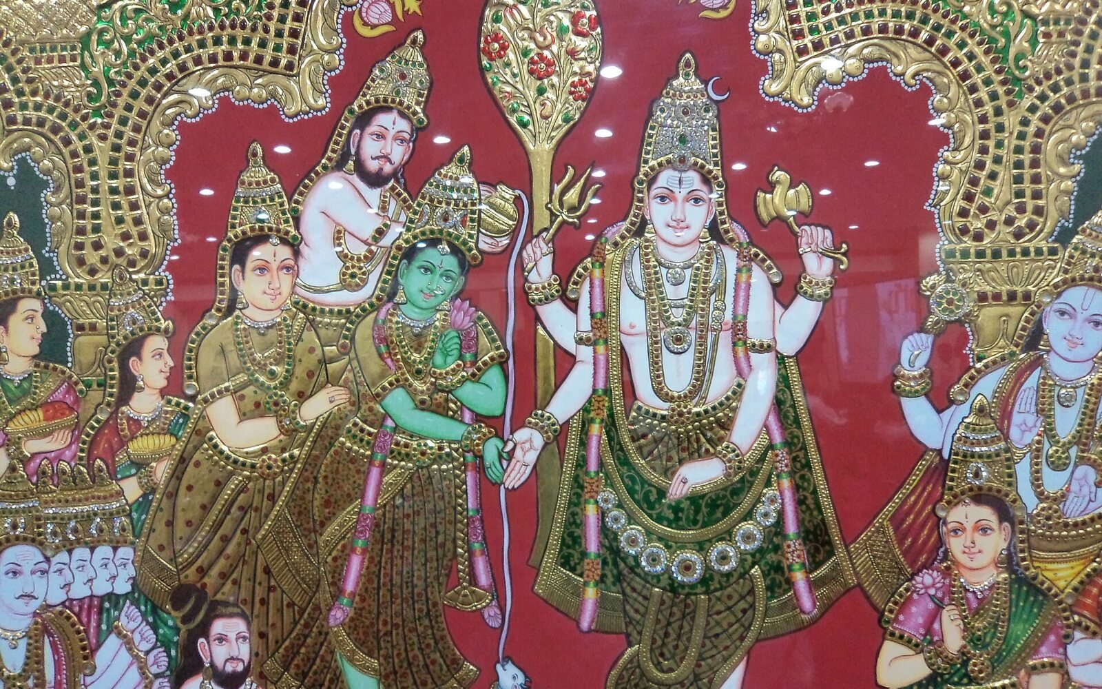 Tanjore painting of the divine wedding of Meenakshi and Sundareswarar
